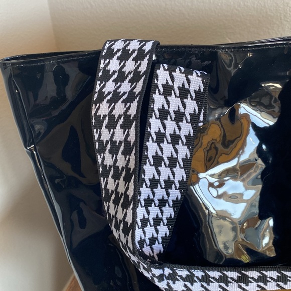 Nordstrom Black Shiny Plastic Tote Bag w/ Houndstooth Handles, 10-14”x5”x10” - Picture 2 of 13